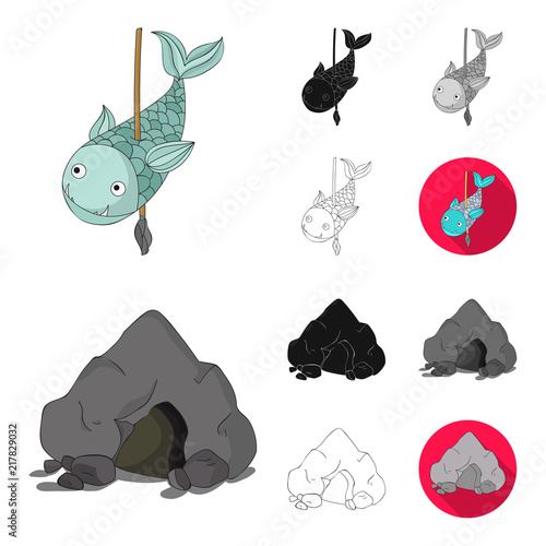 Life in the Stone Age cartoon,black,flat,monochrome,outline icons in set collection for design. Ancient people vector symbol stock web illustration.