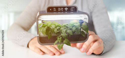 Businesmann holding a Digital vegetal plant connected