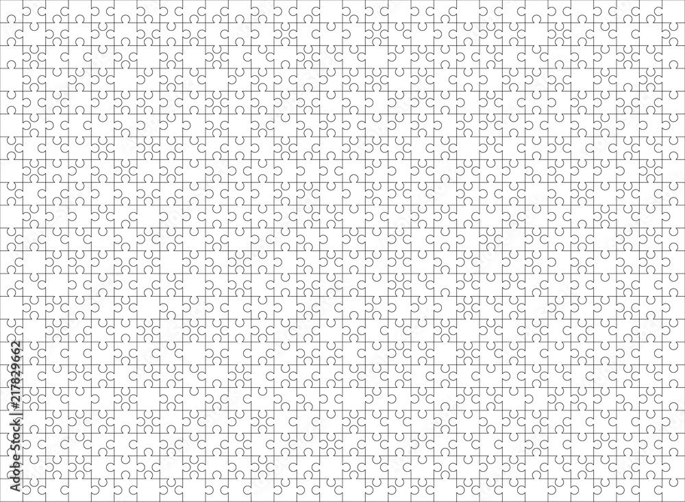 660 white puzzles pieces arranged in a rectangle shape. Jigsaw Puzzle template ready for print. Cutting guidelines on white