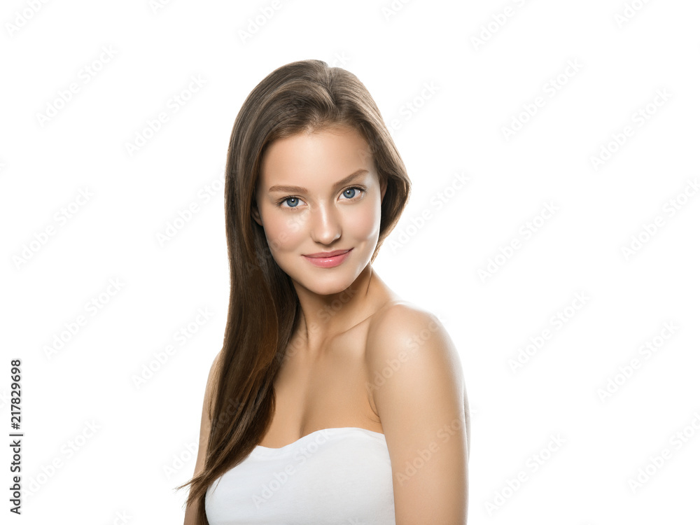 Beauty skin care woman face closeup isolated on white, healthy skin beautiful female portrait Beauty skin care woman face closeup isolated on white, healthy skin beautiful female portrait