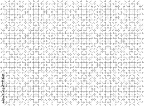 660 white puzzles pieces arranged in a rectangle shape. Jigsaw Puzzle template ready for print. Cutting guidelines on white