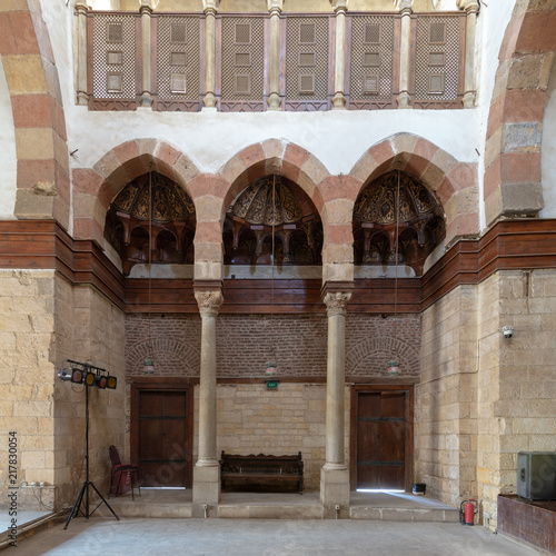 Side wall at the main hall of Beshtak Palace (Qasr Bashtak), a Mamluk era ancient historic palace, located in an area called Bayn al-Qasrayn (between the two palaces) in Muizz Street, Cairo, Egypt photo