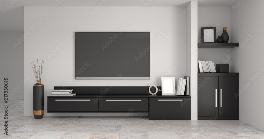 modern Tv black cabinet in empty room interior designs background 3d  rendering home have furniture,background shelves and books on the desk in  front of wall empty clean wall Stock Illustration | Adobe