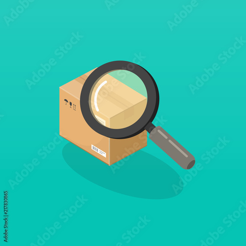 Parcel or order tracking vector illustration, isometric cartoon magnifier glass searching or find package box, concept of shipping logistic