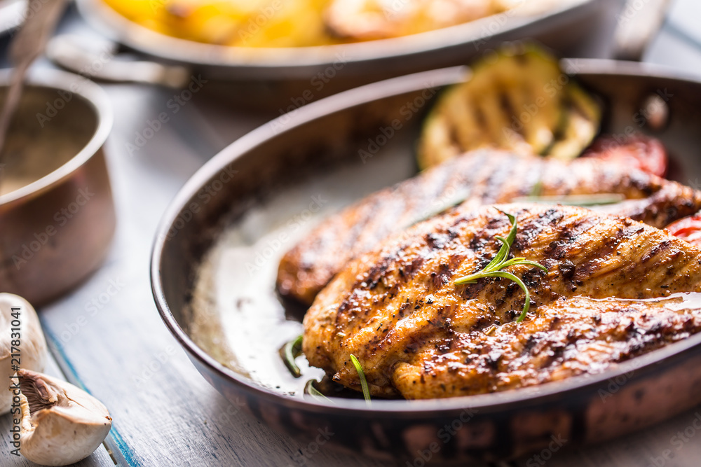 Grilled chicken breast in old frying pan. Grilled chicken breast in old frying pan.
