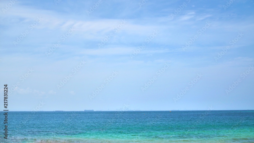Beautiful tropical sea with mountain, blue sky and cloud at Koh Sichang in Thailand,  Space for text in template, Travel concept, Many tourists visit here, View for seascape