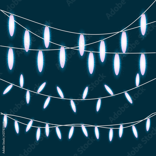 Bright violet Christmas lights isolated design elements. Glowing string lights for Party, Holiday, New Year, birthday or greeting card design. Garlands, Christmas decorations. Template or mock up. photo