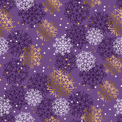 Gold and violet snowflakes luxury seamless pattern