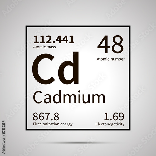 Cadmium chemical element with first ionization energy, atomic mass and electronegativity values ,simple black icon with shadow