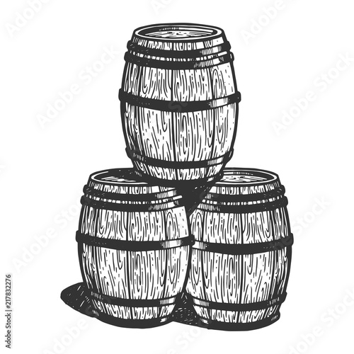Wine beer barrels engraving vector illustration