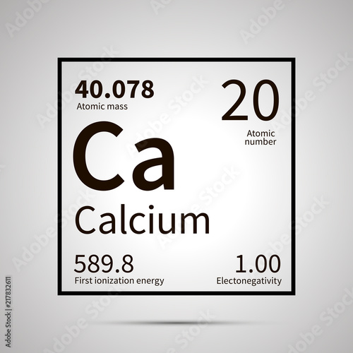 Calcium chemical element with first ionization energy, atomic mass and electronegativity values ,simple black icon with shadow