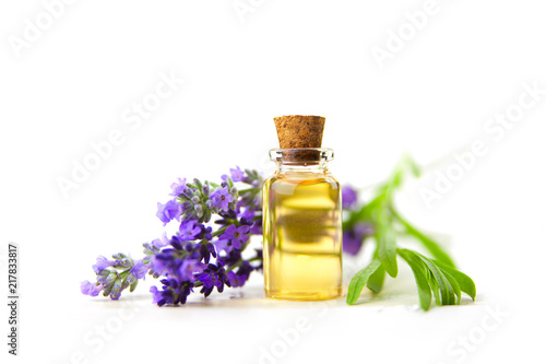 lavender essential oil in  beautiful bottle on White background