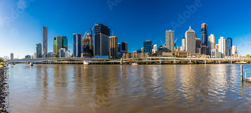 BRISBANE, AUSTRALIA AUG 12 2018: Panoramic view of Brisbane from South Bank over the river.
