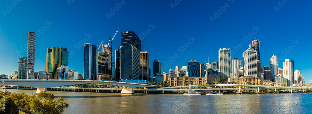 BRISBANE, AUSTRALIA AUG 12 2018: Panoramic view of Brisbane from South Bank over the river.