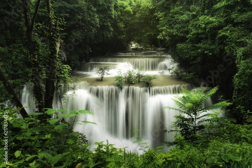 Beautiful River and waterfalls Huai Mae Khamin in Kanchanaburi Thailand in monsoon season.