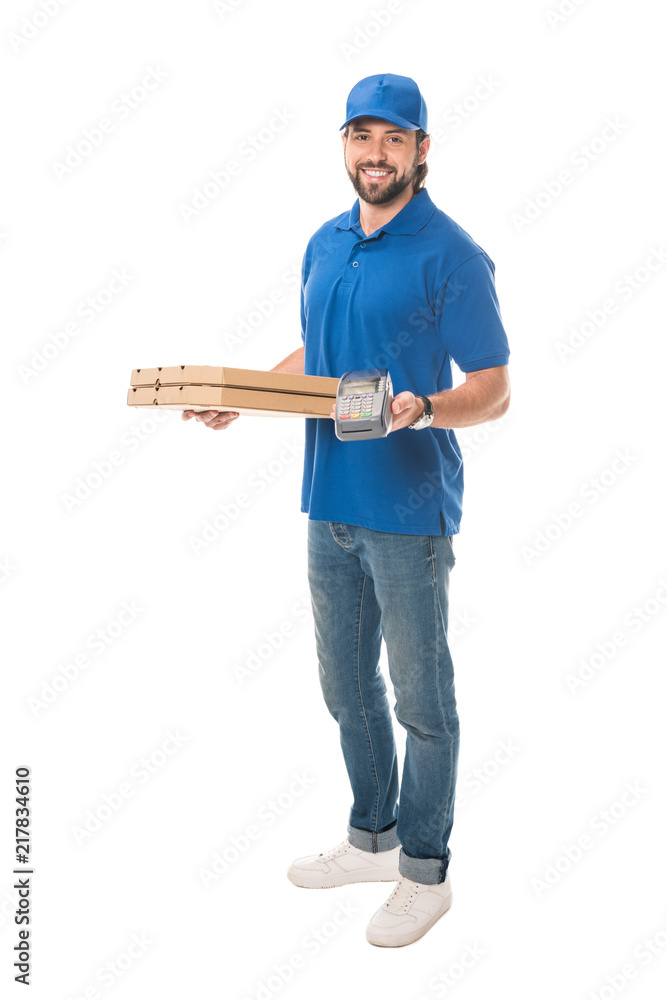 happy delivery man holding boxes with pizza and payment terminal isolated on white happy delivery man holding boxes with pizza and payment terminal isolated on white