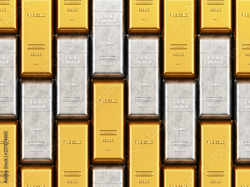 Gold and silver ingots isolated on white background. 3D illustration