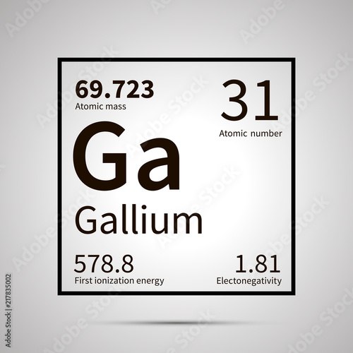 Gallium chemical element with first ionization energy, atomic mass and electronegativity values ,simple black icon with shadow