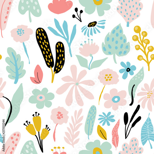 Seamless repeating pattern with floral elements in pastel colors on white background.