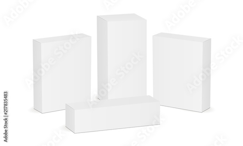 Set of four white blank rectangular boxes. Mock up for pharmaceutical packaging design. Vector illustration