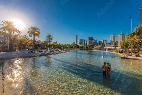 BRISBANE, AUS - AUG 12 2018: Streets Beach in South Bank Parkland. It's inner-city man-made beach next to city.