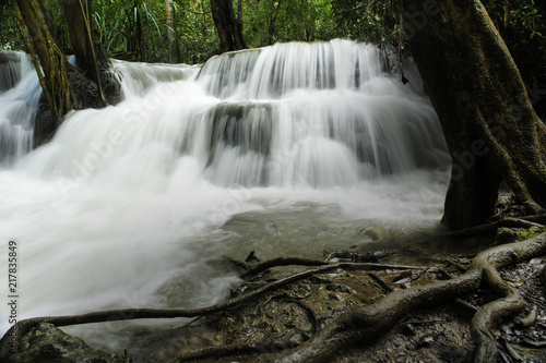 Beautiful River and waterfalls Huai Mae Khamin in Kanchanaburi Thailand in monsoon season.