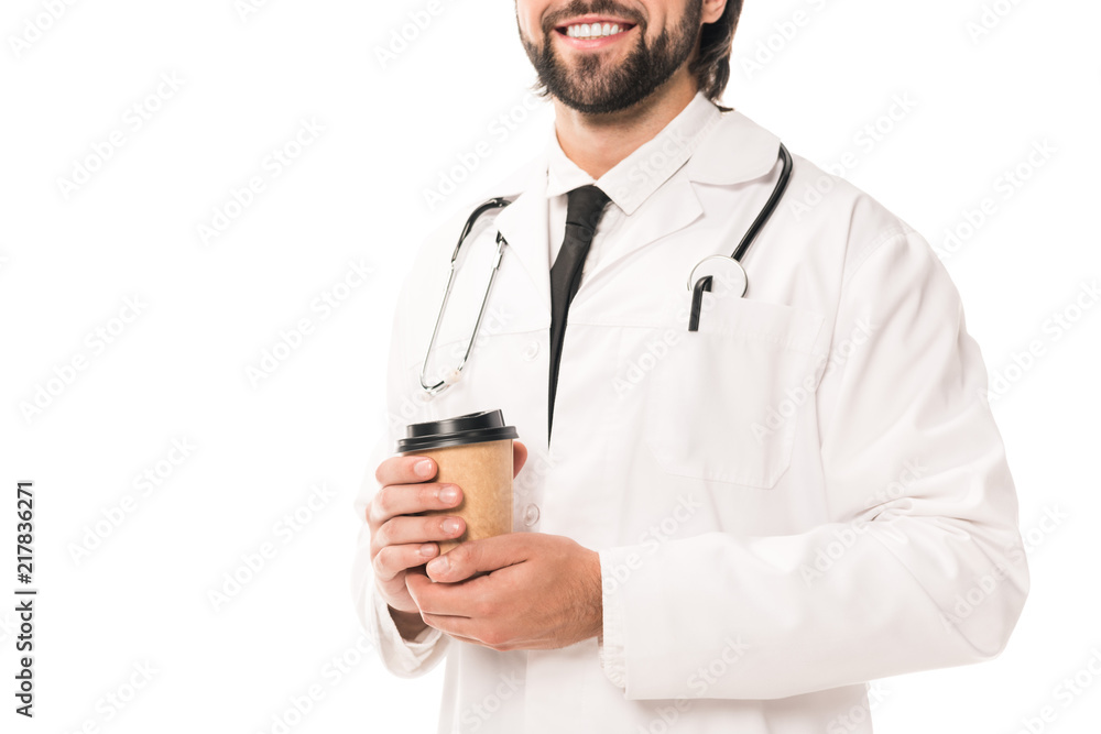 cropped shot of smiling doctor holding coffee to go isolated on white cropped shot of smiling doctor holding coffee to go isolated on white