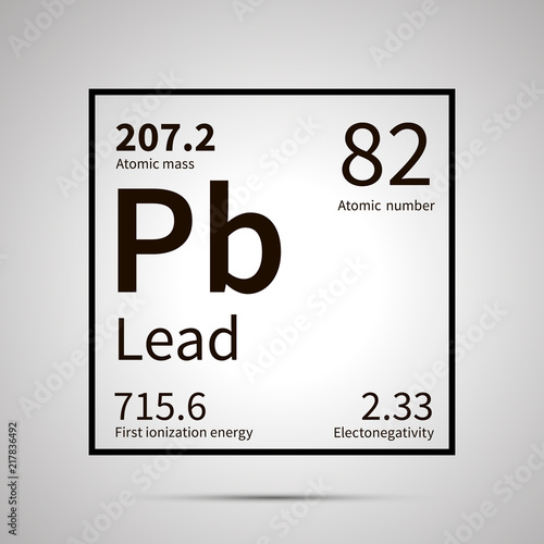 Lead chemical element with first ionization energy, atomic mass and electronegativity values ,simple black icon with shadow
