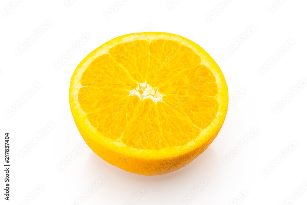 Slice of half fresh orange isolated on white background. Healthy fruit with vitamins. Slice of half fresh orange isolated on white background. Healthy fruit with vitamins.