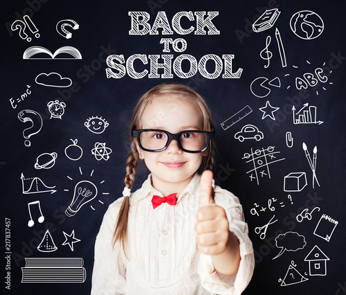 Little School Girl on Blackboard with School Supplies Pattern. Back to school.