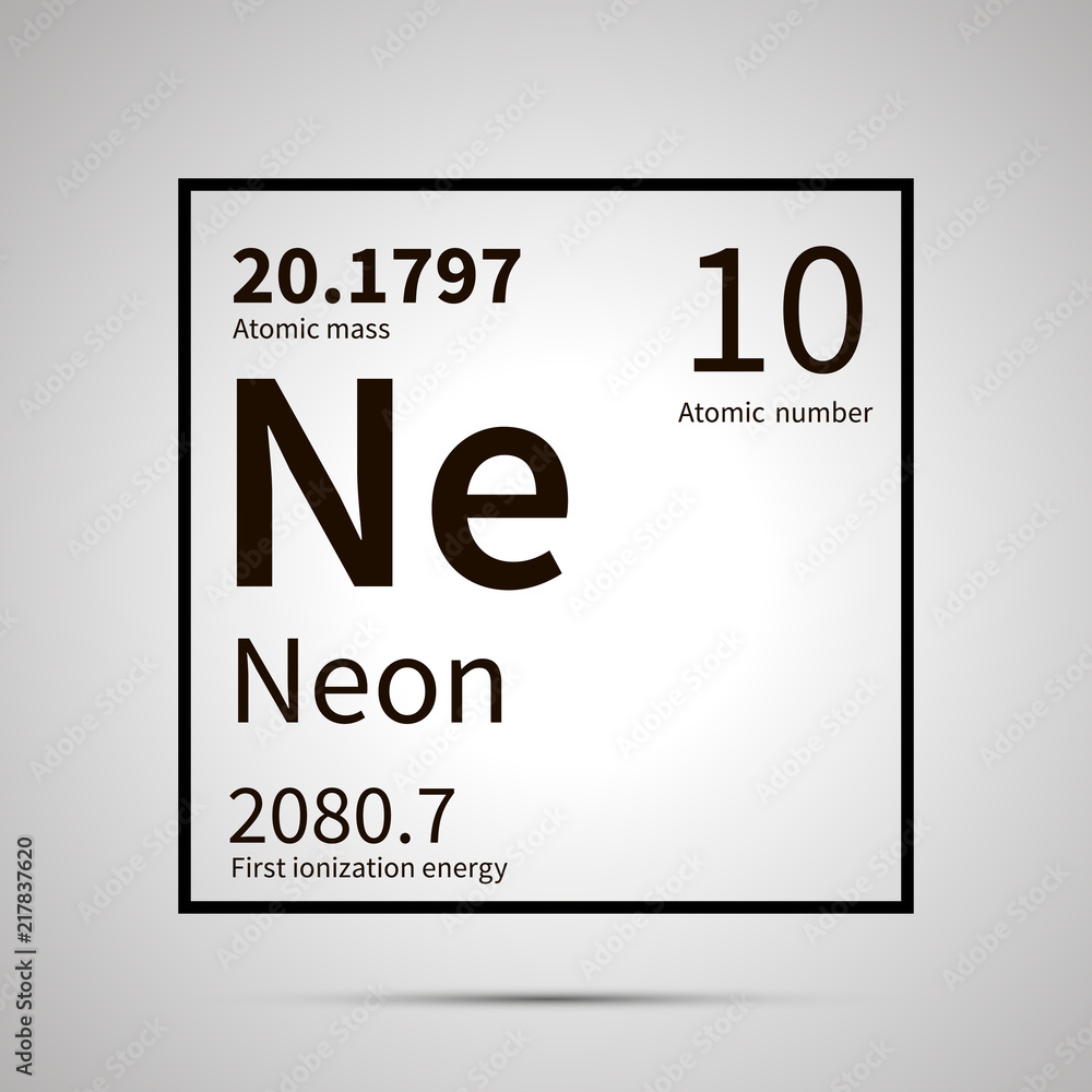 Neon chemical element with first ionization energy and atomic mass values ,simple black icon with shadow Neon chemical element with first ionization energy and atomic mass values ,simple black icon with shadow