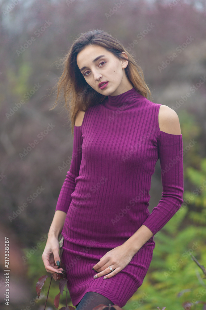 Girl in lilac dress on nature in autumn, Portrait of a beautiful girl in the autumn in the forest Girl in lilac dress on nature in autumn, Portrait of a beautiful girl in the autumn in the forest