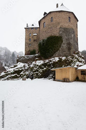 Old Castle in snow and fog