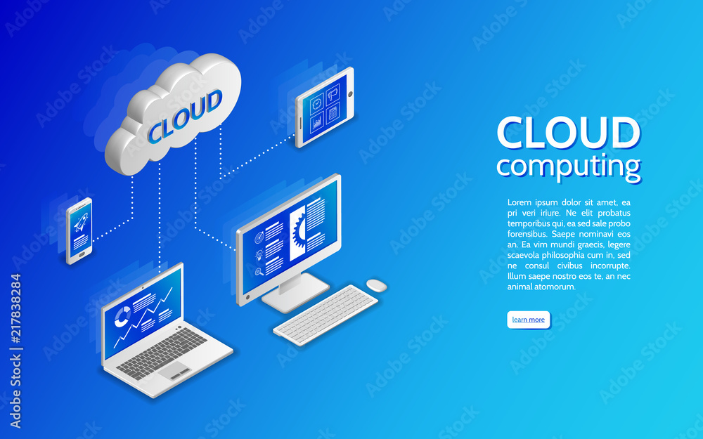 Cloud technology computing concept. Network illustration with computer, laptop, tablet, and smartphone. 3d landing page layout, web banner Cloud technology computing concept. Network illustration with computer, laptop, tablet, and smartphone. 3d landing page layout, web banner