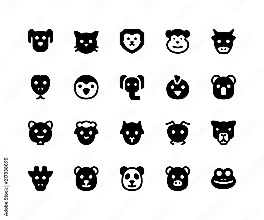 Simple Set of Animal Face Related Vector Glyph Icons. Contains such Icons as dog, cat, lion, monkey, cow and More. pixel perfect vector icons based on 32px grid. Simple Set of Animal Face Related Vector Glyph Icons. Contains such Icons as dog, cat, lion, monkey, cow and More. pixel perfect vector icons based on 32px grid.