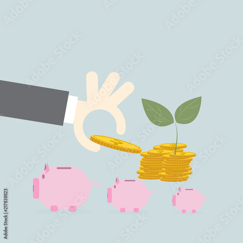 Flat design concepts for business,hand put coin with piggy , investing saving concept,