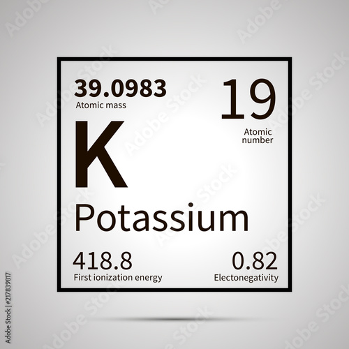 Potassium chemical element with first ionization energy, atomic mass and electronegativity values ,simple black icon with shadow