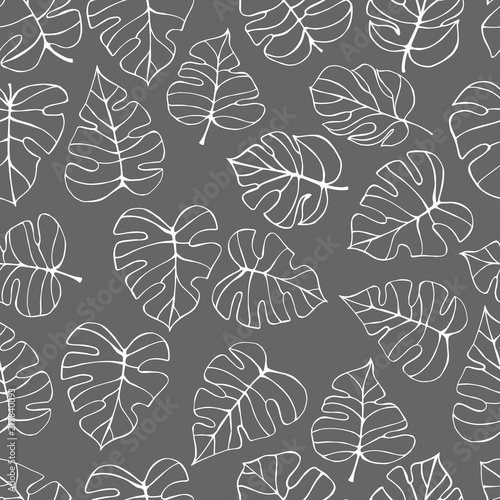 Hand drawn tropical plants. Monstera plant.  Vector seamless pattern