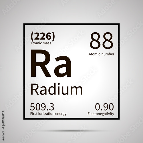 Radium chemical element with first ionization energy, atomic mass and electronegativity values ,simple black icon with shadow