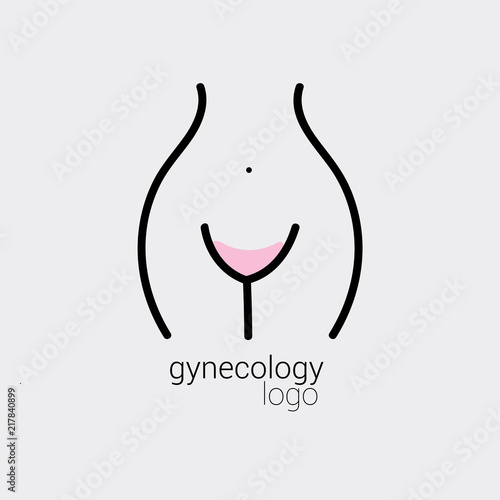 gynecology logo. Female silhouette symbolizes health childbirth and fullness. Use as logo clinic or medicament advertising booklet intimate hygiene. Hand draw vector isolated on gray background.