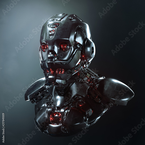 Fototapeta Naklejka Na Ścianę i Meble -  Head of cyborg with red luminous eyes. Science fiction helmet with a shiny dark metal. Robot with artificial intelligence. Robot man with artificial face. Futuristic soldier concept. 3D rendering.