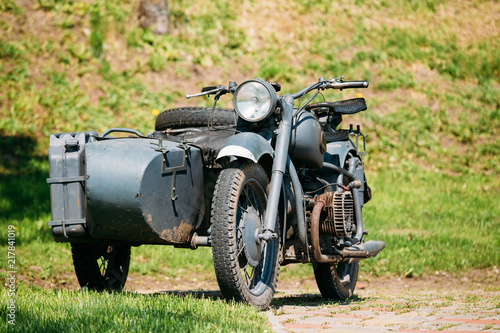 Old Rarity Tricar, Three-Wheeled Gray Motorcycle With A Sidecar 