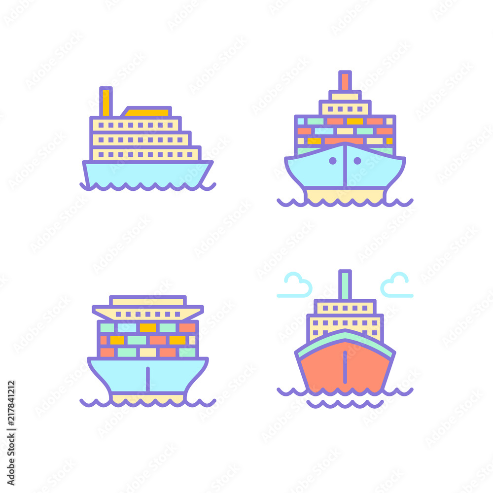 Ships flat line icons. Cargo shipping tanker, sea trip , marine transportation vector illustrations. Thin signs for ocean cruise. Ships flat line icons. Cargo shipping tanker, sea trip , marine transportation vector illustrations. Thin signs for ocean cruise.