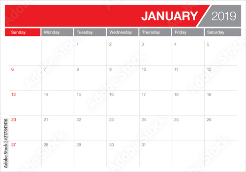 January 2019 desk calendar vector illustration