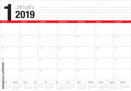 January 2019 desk calendar vector illustration