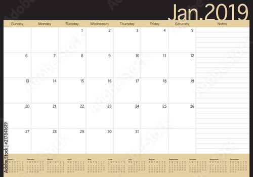 January 2019 desk calendar vector illustration