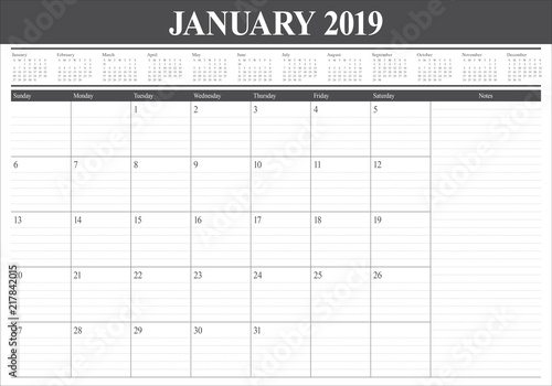 January 2019 desk calendar vector illustration