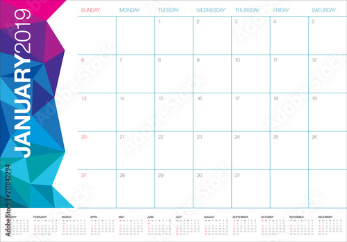 January 2019 desk calendar vector illustration