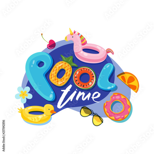 Swimming pool time letters. Vector label, sticker or print design. Unicorn and duck float kids toys. Doodle illustration