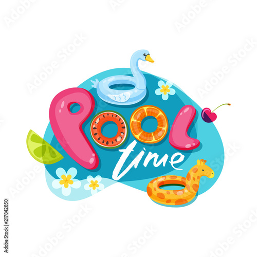 Swimming pool time letters. Vector label, sticker or print design. Swan and giraffe float kids toys. Doodle illustration